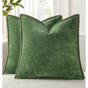 decorUhome Spring Chenille Soft Cozy Throw Pillow Covers 20x20 Set of 2, Modern Farmhouse Boho Velvet Decorative Pillow Cases with Stitched Edge for Couch Sofa Bed Home Decor, Forest Green