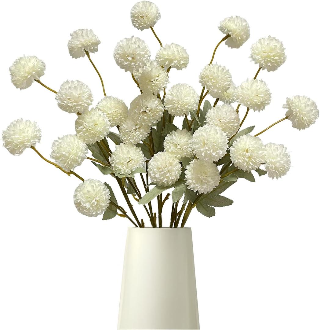 Artificial Flowers Faux Mums 6pcs, Long Stem Faux Flowers for Vase, Artificial Chrysanthemums Kiku Flower Fall Floral Stems for Table Centerpiece Home Decor, Baby Shower, Ivory White