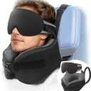YFONG Travel Pillow for Long Flight Airplanes, Head Strap Combo with 3D Contoured Eye Mask for Sleep, Neck Pillow for Car Trip Essential, 360 Support Memory Foam Headrest, Prevent Head Bobbing, Black