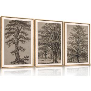 HOURIA Vintage Tree Sketch Framed Canvas Wall Art Set,Natural Brown and Gray Woodland Wall Decor,Mid Century Nature Forest Artwork,Textured Botanical Art Print for Living Room,Bedroom,Office-16"x24"x3
