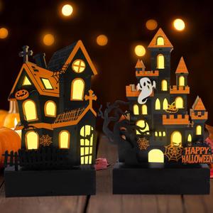 2 pcs Halloween Decorations Indoor Haunted House Lights,Halloween Tabletop Centerpiece Craft Decor for Desk Table Fireplace Room Party Decor