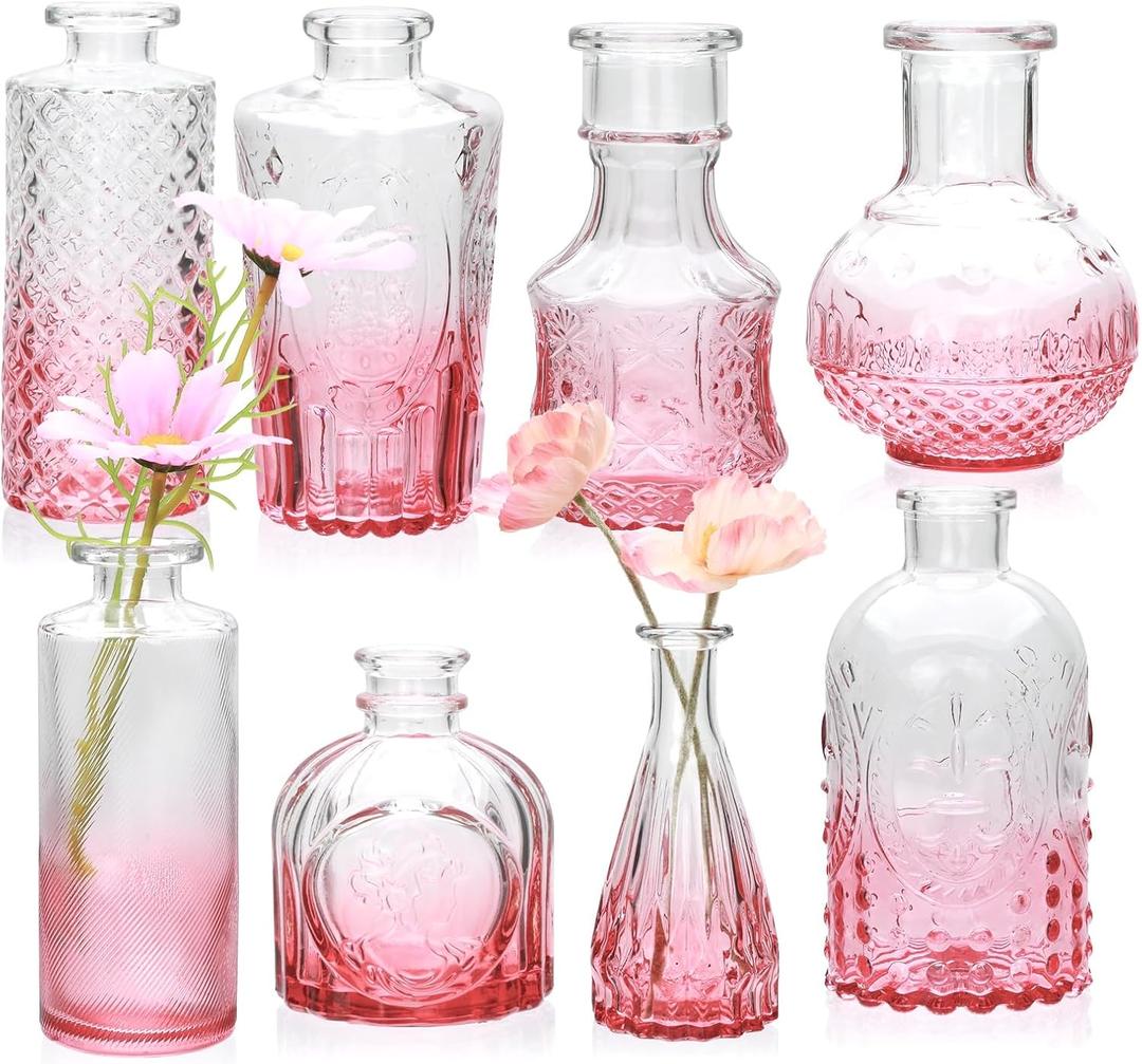 Pink Small Flower Vase Set, Glass Bud Vase in Bulk Set of 8, Artistic and Cultural Flavor Mini Vases for Home Office Decor, Bedroom, Office, Living Room Decorations, Wedding