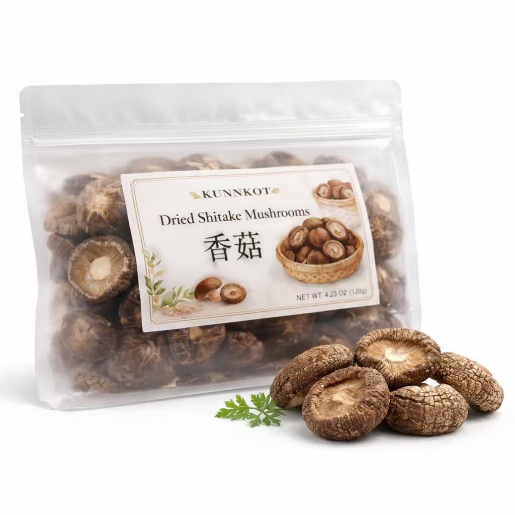 Kunknot Premium Dried Shiitake Mushrooms Whole Caps with Rich Umami Flavor for Soups, Stir-Fries, & Broths, No Additives, Resealable Packaging, Perfect for Shiitake Mushroom Recipes, Noodles, and Rice Dishes（4.23Oz/120g） (EXP 01/20/26)