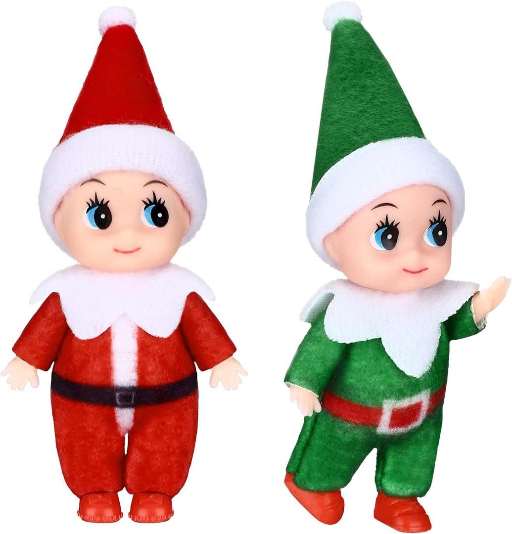 Aoriher 2 Pieces Christmas Doll Small Baby Twins in Bib Pants and Bodysuit Miniature Accessories Green and Red Boy and Girl Toy Suitable for Xmas New Year Decorations(Jumpsuits Style)