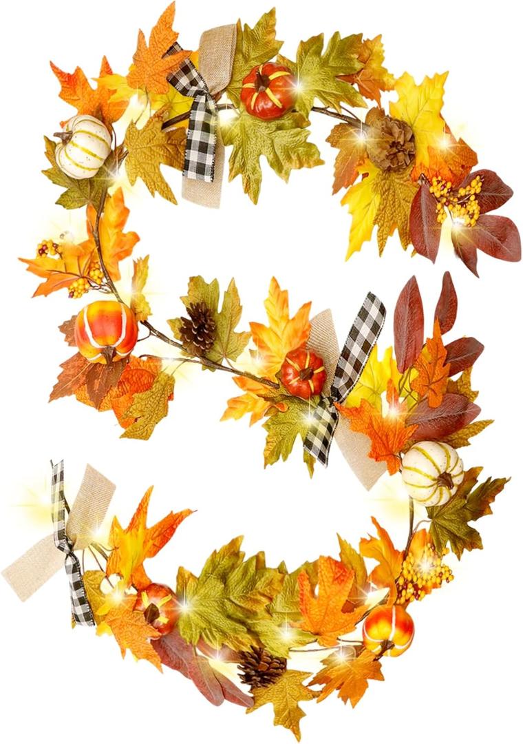 Fall Garland with Lights,6ft Autumn Garland for Mantle Thanksgiving Dinner Fireplace Door Doorway Backdrop Decor (Thin Rattan, 6FT)