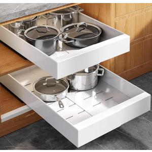 Seinloes 2 Pack Expandable (9"-14") Pull Out Cabinet Organizer 21" Deep With Raising Pad for Framed Cabinets,Upgrade 3 Slide Rails Slide Out Drawers,No Drill Roll Out Shelves Adhesive,White
