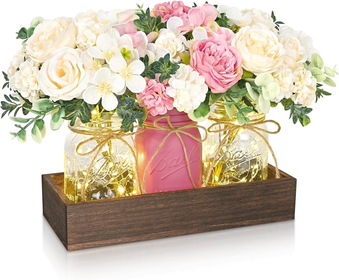 BLEUM CADE Centerpiece Table Decorations - 3Pcs Roses Artificial Flowers in Mason Jars with Wood Tray for Dining Table Coffee Table Farmhouse Home Decor