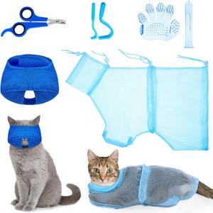 Patelai 5 Pcs Cat Bathing Bag Set Cat Grooming Bag Adjustable Pet Shower Net Muzzles Nail Clipper Tick Remover Tool Massage Brush(Blue)