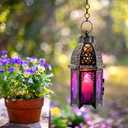 DECORKEY Halloween Decorations Indoor, Purple Decorative Candle Lantern for Moroccan Light Decor, 12.8 Vintage Metal Hanging&Tabletop Lantern, Ramadan Lantern for Home Outdoor Patio(Purple)
