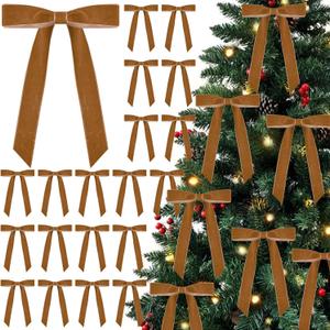 Curvier 25 Pcs Velvet Christmas Bows for Xmas Tree, Door, Gift, Staircase Decor, Vintage Wreath Bow Christmas Tree Ornaments(5x7 Inch,1" Wide) Camel