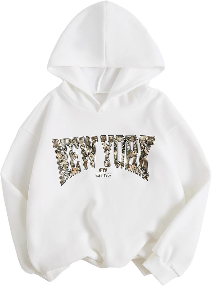 COZYEASE Girl's Letter Camo Graphic Hooded Sweatshirt Long Sleeve Drop Shoulder Hoodie 2025 Fall Outfits Pullover Tops (White, 12 Y)