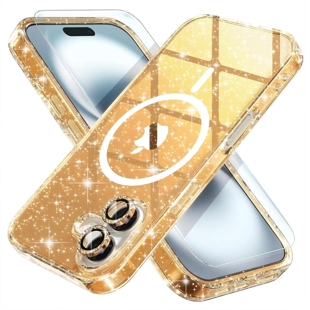 Choiche for iPhone 16 Case Magnetic, Women Clear Glitter Bling Sparkly Case, [2xDiamond Camera Lens Protectors] [2xTempered Glass Screen Protectors] [Compatible MagSafe] 6.1" (Glitter Gold)