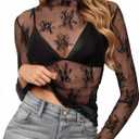 Lace Tops for Women Long Sleeve Mock Neck Mesh Top Sexy Sheer Shirts See Through Floral Blouses (XX-Large, Black)