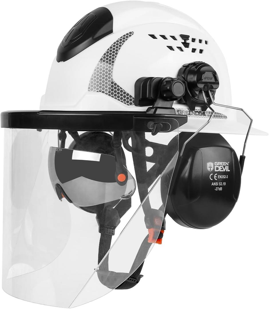 GREEN DEVIL Industrial Chainsaw Helmet with Face Shield Built in Visor and Ear Muffs 4 in 1 System ANSI Z89.1 Safety Hard Hat Adjustable Headgear Ideal for Forestry and Arborist Work Full Brim Style