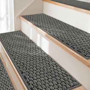 JSEI Stair Treads for Wooden Steps, 14 Pack 9" X 28" Non-Slip Machine Washable Carpet Stair Treads with TPE Backing, Soft Indoor Stair Rug Runner for Kids Elders & Pets, 100% Polyester, Light Grey