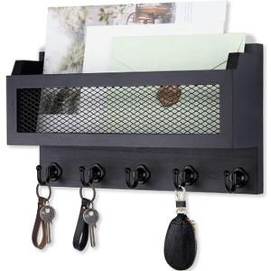 Nekon Key and Mail Holder for Wall, Key Organizer with 5 Hooks & Storage Drawer, 11" W x 7.9" H x 3.1" D Wooden Key Rack for Entryway and Home Decor (Black)