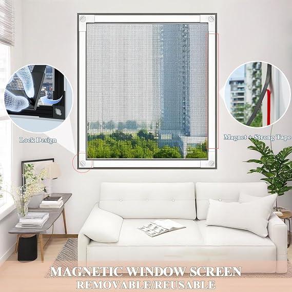 Window Screen Replacement Kit, Fiberglass Mesh, Privacy Magnetic Window Screens, Window Guards for Cats, Temporary House Screen, Keep Bugs Out Let Breeze in, Removable & Reusable 28x28" White Mesh