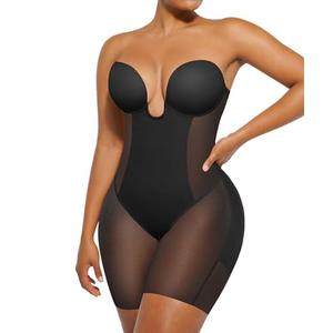 SHAPELLX Low Back Shapewear Plunge Backless Strapless Bodysuit Mid Thigh Body Shaper Butt Lifter Full Body Shapewear, L+