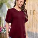 Puff Sleeve Tops for Women V Neck T Shirts Summer Business Casual Tops Loose Fit Dressy Casual Blouses (Red, XXL)