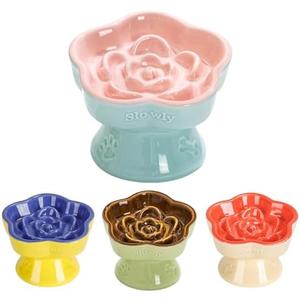 S&Q's CERAMICS Raised Slow Feeder Cat Bowl, Ceramic Elevated and Titled Glass Food Bowl Small Dogs Slow Feeder, Flower Shaped Cute Cat Dish for Dry and Wet Food (Pink, 5.8")