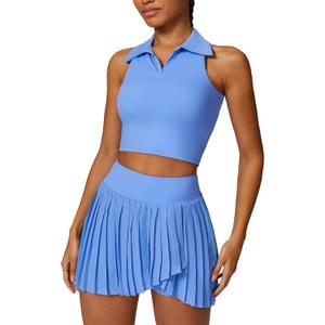 ABEHIK Women 2 Piece Tennis Dress Sleeveless Racerback Padded Crop Top Pleated High Waisted Tennis Skirt Golf Workout Outfits (Blue, M)