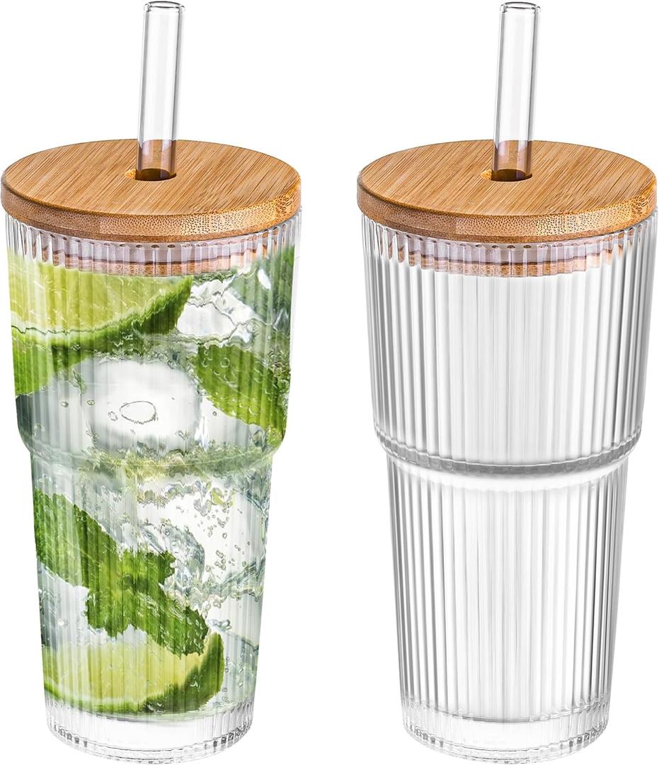 Dingerjar 20 oz Ribbed Glass Tumblers with Bamboo Lids and Straws, 2 Pcs Wide Mouth Thickened Vintage Glass Cup for Boba, Iced Coffee, Juice