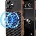 TENDLIN Magnetic Case Compatible with iPhone 16 Phone Case Wood Grain with Carbon Fiber Texture Design Leather Hybrid Slim Case (Compatible with MagSafe) Black