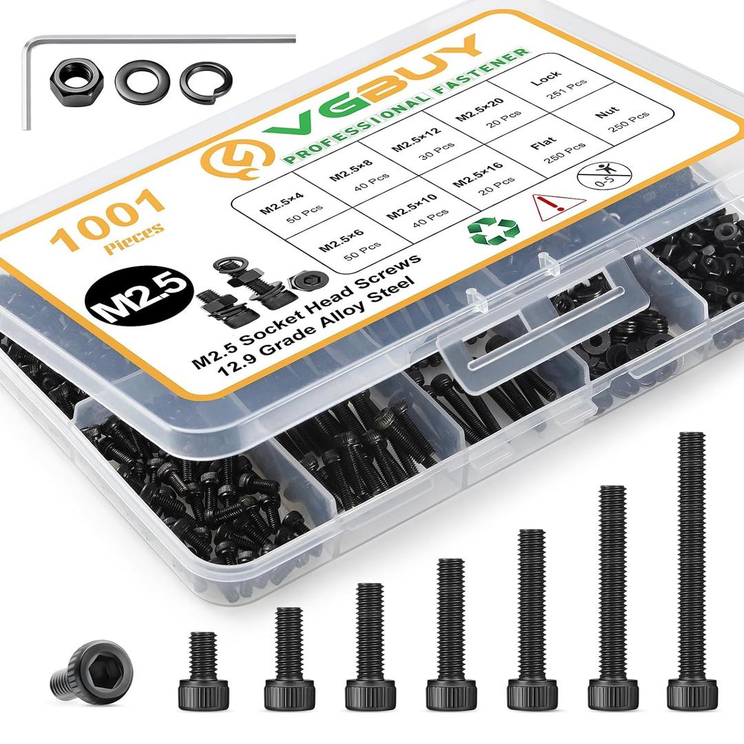 VGBUY 1001Pcs M2.5 Screws Kit,Black M2.5 Screws (7 Sizes 4-20mm),Hex Socket Head Cap Small Metric Bolts Nuts Assortment,12.9 Grade Alloy Steel,Black Oxide, 4/6/8/10/12/16/20mm