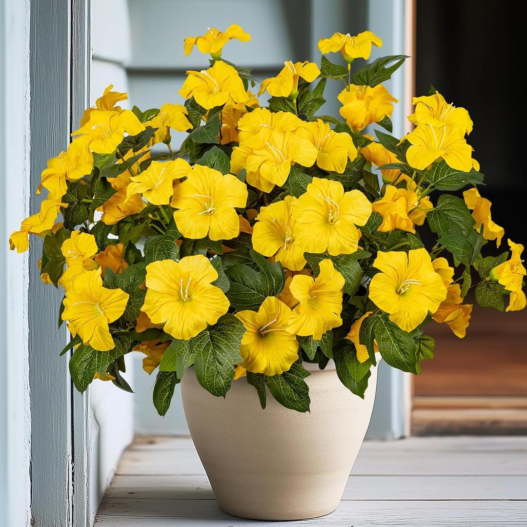 19 Inch Artificial Fake Flowers for Outdoor,4 Pcs Yellow Faux Silk Petunias Spring Flowers for Outside for Indoor Porch Planter Front Door Garden Patio Window Box Home Decor