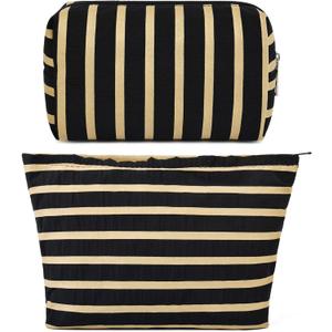 SOIDRAM 2 Pieces Makeup Bag Large Stripe Cosmetic Bag Capacity Canvas Mix Travel Toiletry Bag Organizer Cute Makeup Brushes Aesthetic Accessories Storage Bag for Women, Stripe Mix Black