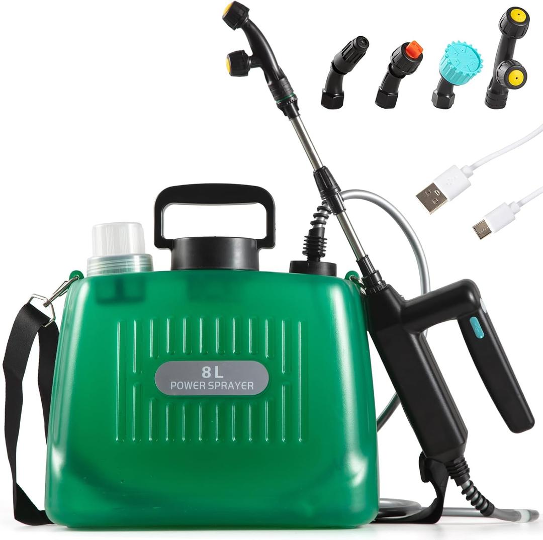 Battery Powered Garden Sprayer 2 Gallon, Rechargeable Pump Sprayer with 4 Mist Nozzles & Retractable WandPortable Water Electric Sprayers in Lawn and Garden with Adjustable Shoulder StrapGreen