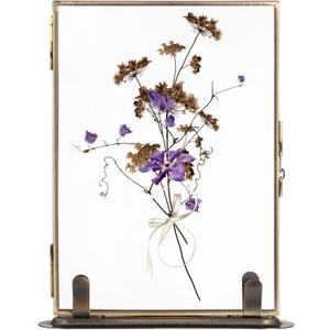 Vintage Floating Glass Frame, Tabletop Floating Picture Frame for Dry Flowers, Double Glass Pressed Flower Display Frame with Metal Base, Shelf Photo Frames for Home Office