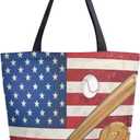 Chic Extra Large Shoulder Grocery Tote Bag, Stylish American Flag and Baseball Pattern Canvas Reusable Handle Bags for Men Women Gym Weekender Picnic Beach Travel Home Storage Market Shopping