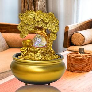 Gold Money Tree Feng Shui Desktop Water Fountain Waterfall Decoration with LED Light Portable Tabletop Decorative Zen Meditation Waterfall for Office Living Room Craft