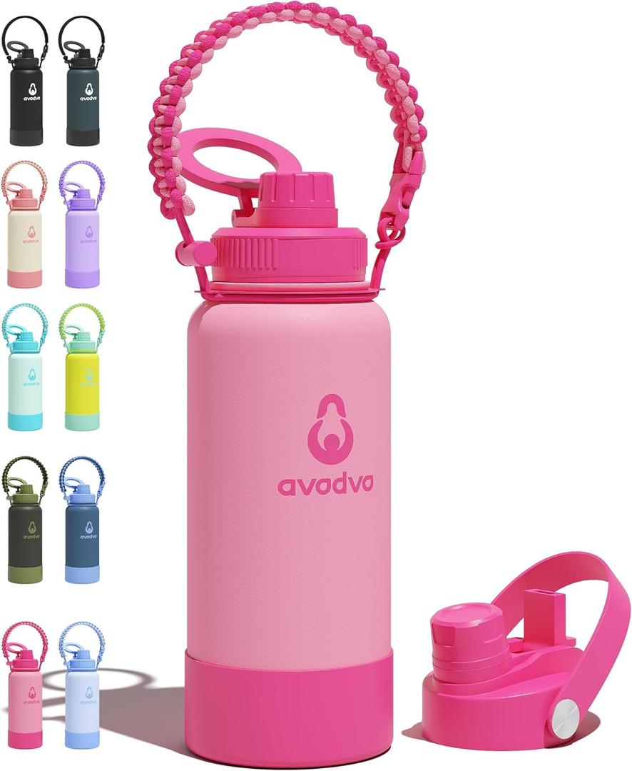 32 oz Insulated Water Bottle with 2 Lids (2-in-1 Straw & Spout Lid, Magnetic Lid), Slim Water Bottle with Strap, Stainless Steel Water Bottle for Hiking, Gym, Travel, BPA-Free, Pink