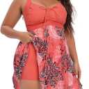 Daci Plus Size Two Piece Swim Dress with Shorts for Women Mesh Swimsuits Flowy Bathing Suits (Large, Red Floral)