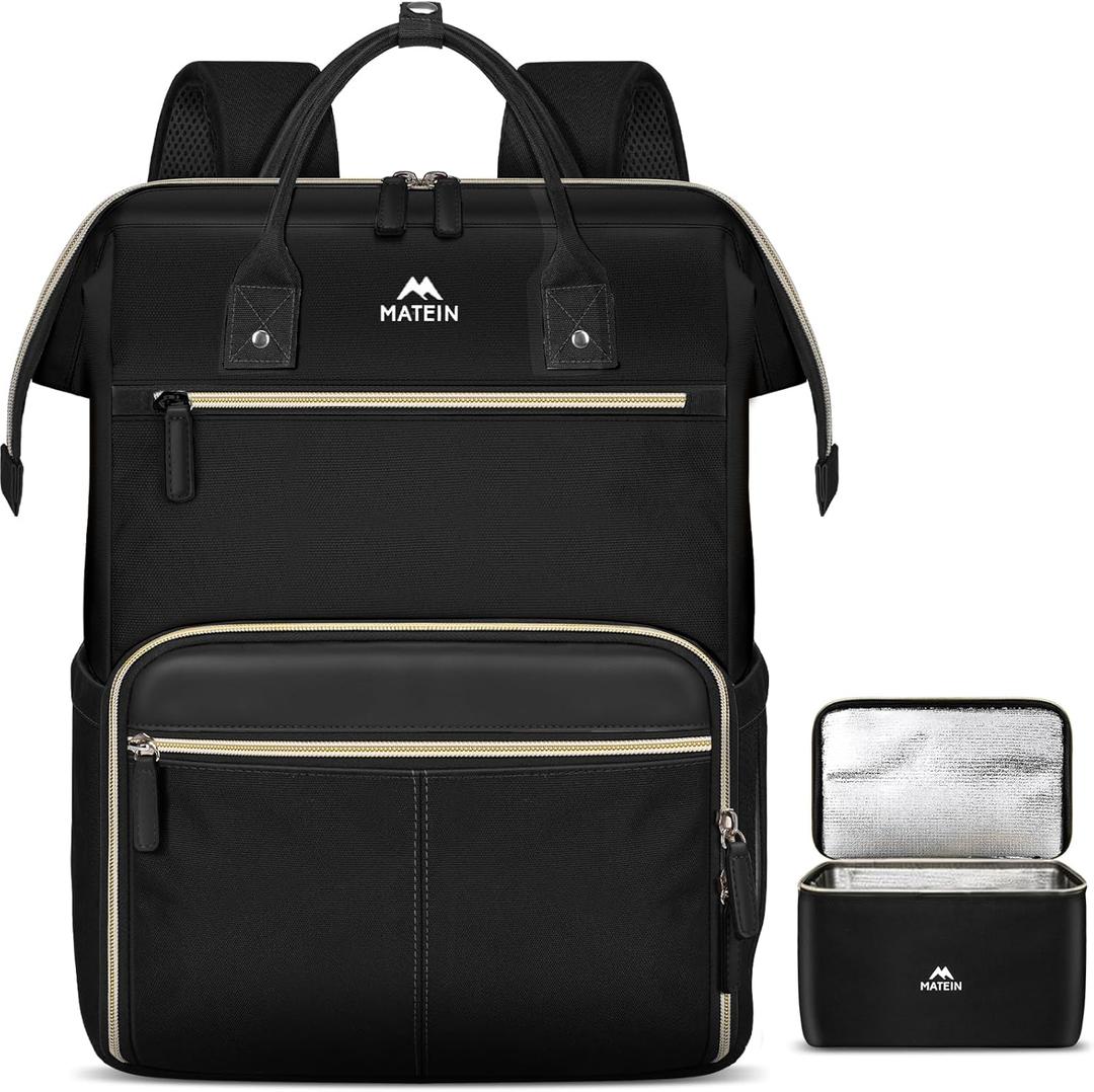 MATEIN Lunch Backpack, 17.3 Inch Laptop Backpack with Lunch Box, Stylish Nurse, Teacher Work Backpacks with Insulated Compartment, Meal Prep Bag for Women Men Commute Outdoor Picnic Camping, 2Pcs Set (Black)