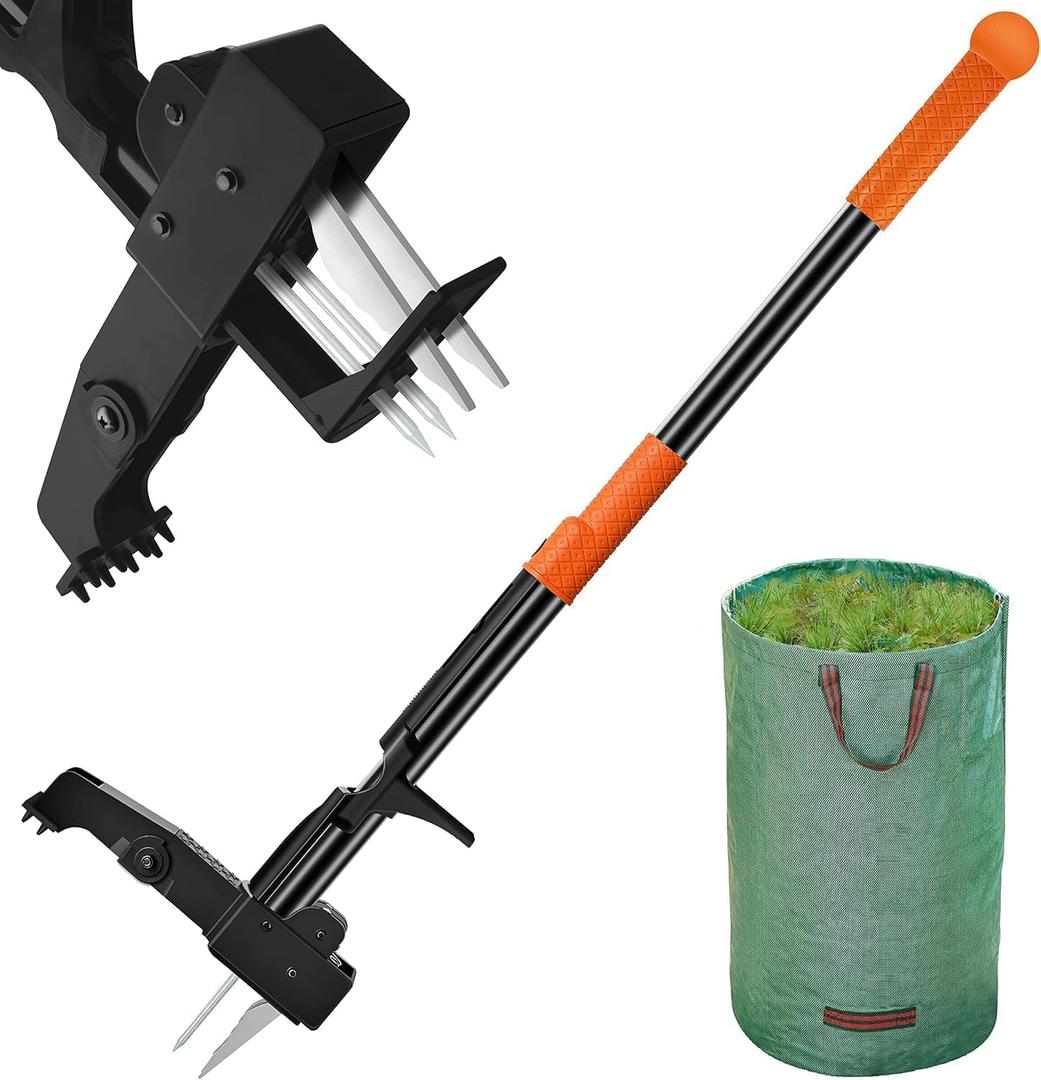 Weed Puller Tool Stand-Up - 40" Long Handle Weed Picker with Leaf Bag, 4 Claws Stainless Steel & Foldable Foot Board, Easy Weeding Removal, No Bending