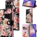 UEEBAI Wallet Case for Samsung Galaxy S25 Ultra 5G, Leather Phone Wallet Kickstand RFID Blocking Flip Case Card Slots Wrist Strap Relief Engraved Pattern Magnetic Closure Flower Cover, Black Rose