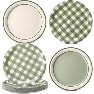 60 Pcs Sage Green Gingham Paper Dessert Plates 9 Inch Disposable Checkered Plaid Dinner Plates for Birthday Baby Shower Wedding Camping Themed Party Supplies, 4 Styles