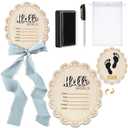 Baby Announcement Sign 7 Inch Double Sided Wooden Hello World Newborn Engraved Sign with Organza Bag Marker Pen Ink Pad Ribbon Bow for Baby Shower Hand Footprints Photo Prop (Blue Bow)