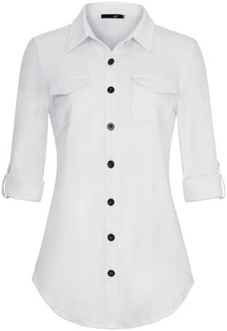 DJT Womens Soft Stretchy Knit Plaid Shirts Roll Up Long Sleeve Collared Button Down Blouses Tops XL