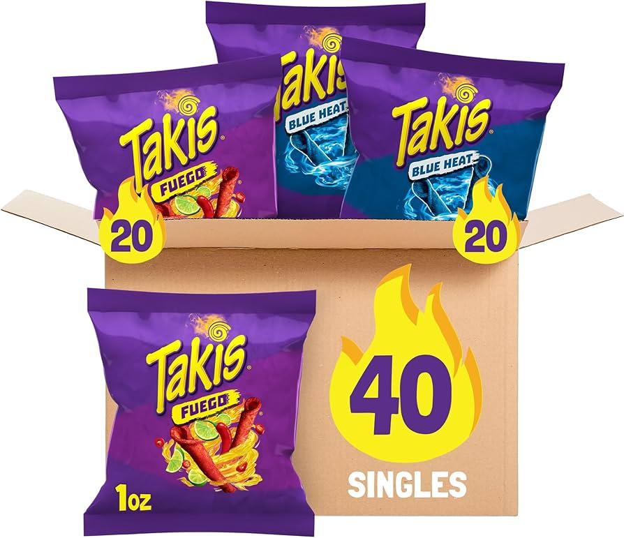  Takis Mini Fuego Chili and Pepper Lime Tortilla Chips and Blue Heat, 28 gm, (04010186) (Pack of 40) BBD:02-24-26