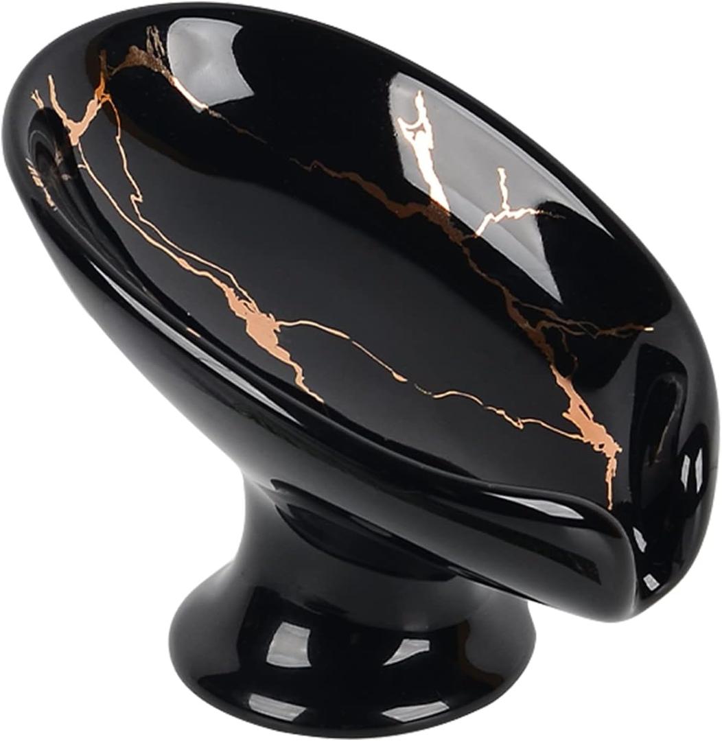 Soap Dish, Ceramic Soap Holder Self Draining Leaf Shape Bar Soap Holder, Marble Look Black Drain Soap Dish Holder for Bathroom, Easy to Clean Keeps Soap Dry, ANTIS'S HOME