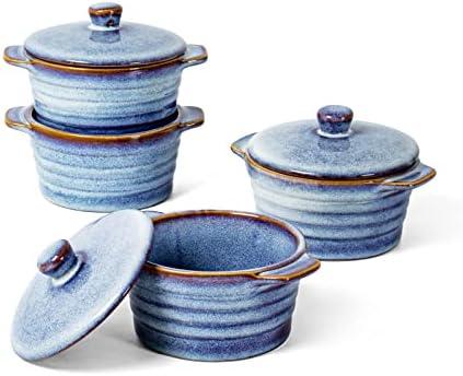 UNICASA 8 oz Ceramic Ramekins with Lid, Mini Casserole Dish with Handles Set of 4, Porcelain Small Baking Dish, Round Small Cocotte Oven Safe, Reactive Glaze (Denim Blue)