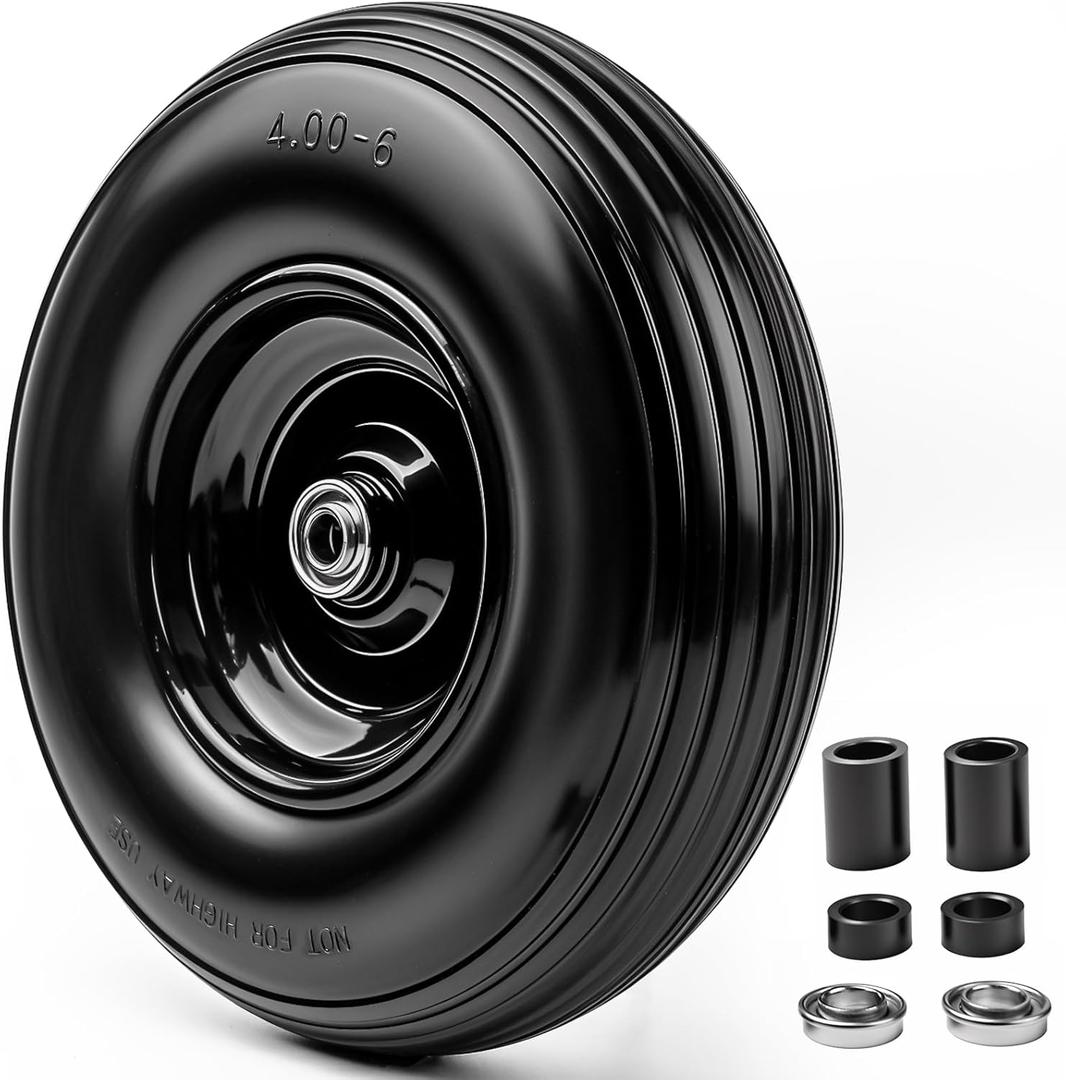 13Inch Wheelbarrow Tires 4.00-6 Flat Free Tire And Wheel with 5/8" & 3/4" Bearings, 1.75" Centered Hub for Wheelbarrow/Wagon/Trolley/Garden Scooter Cart,1Pack