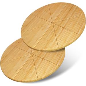 Round Pizza Cutting Board 12inch 2Pack Double Sided Bamboo Wooden Pizza Tray Meat Bread Cheese Serving Platter Pizza Oven Accessories Pizza Prep Board Paddle Blocks Circular Circle