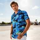 Men's Hawaiian Shirt Short Sleeves Printed Casual Button Down Funky Summer Tropical Holiday Beach Male Shirts (Blue, Large)