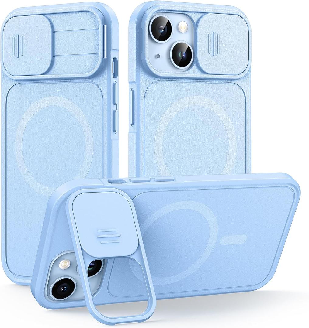 L K for iPhone 15 Case with Kickstand, Upgraded [Slide Camera Cover], Heavy Duty Magnetic Phone Case, Compatible with MagSafe, Military-Grade Drop Protection, Blue, 6.1"