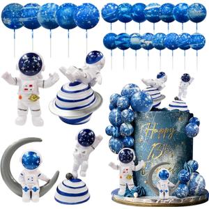 Astronaut Figurines Space Cake Toppers Blue Star Ball Cake Toppers for Space Theme Party Kids Birthday Party Baby Shower Supplies (Royal Blue)